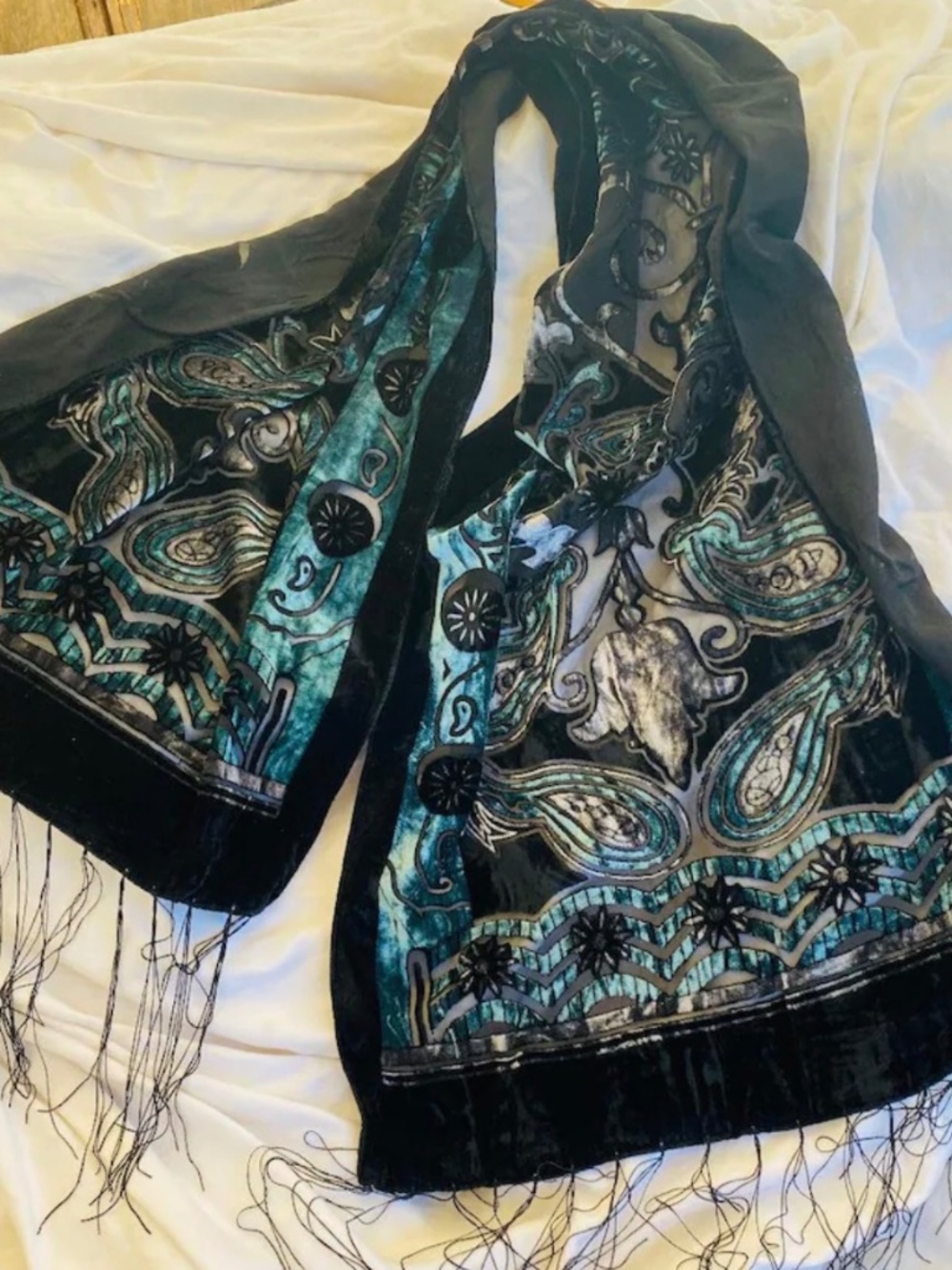 Beautiful Art Deco Velvet Scarf, Teal, Black, Semi Sheer, Burn out, Fringed